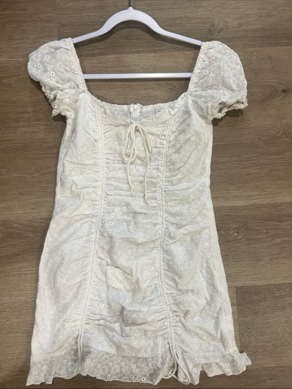 White Eyelet Puff Sleeve Mini Dress S-M